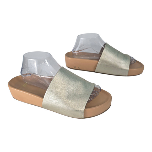 Beek Pelican in Metallic Gold Upper Tan Footbed Leather Slide Sandals Size 11 - Picture 3 of 14